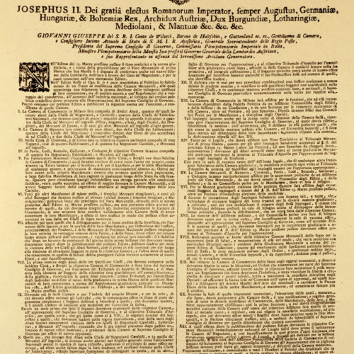 Editto 24 luglio 1786 che istituisce le Camere di commercio nella Lombardia austriaca. Archivio storico Camera di commercio di Milano