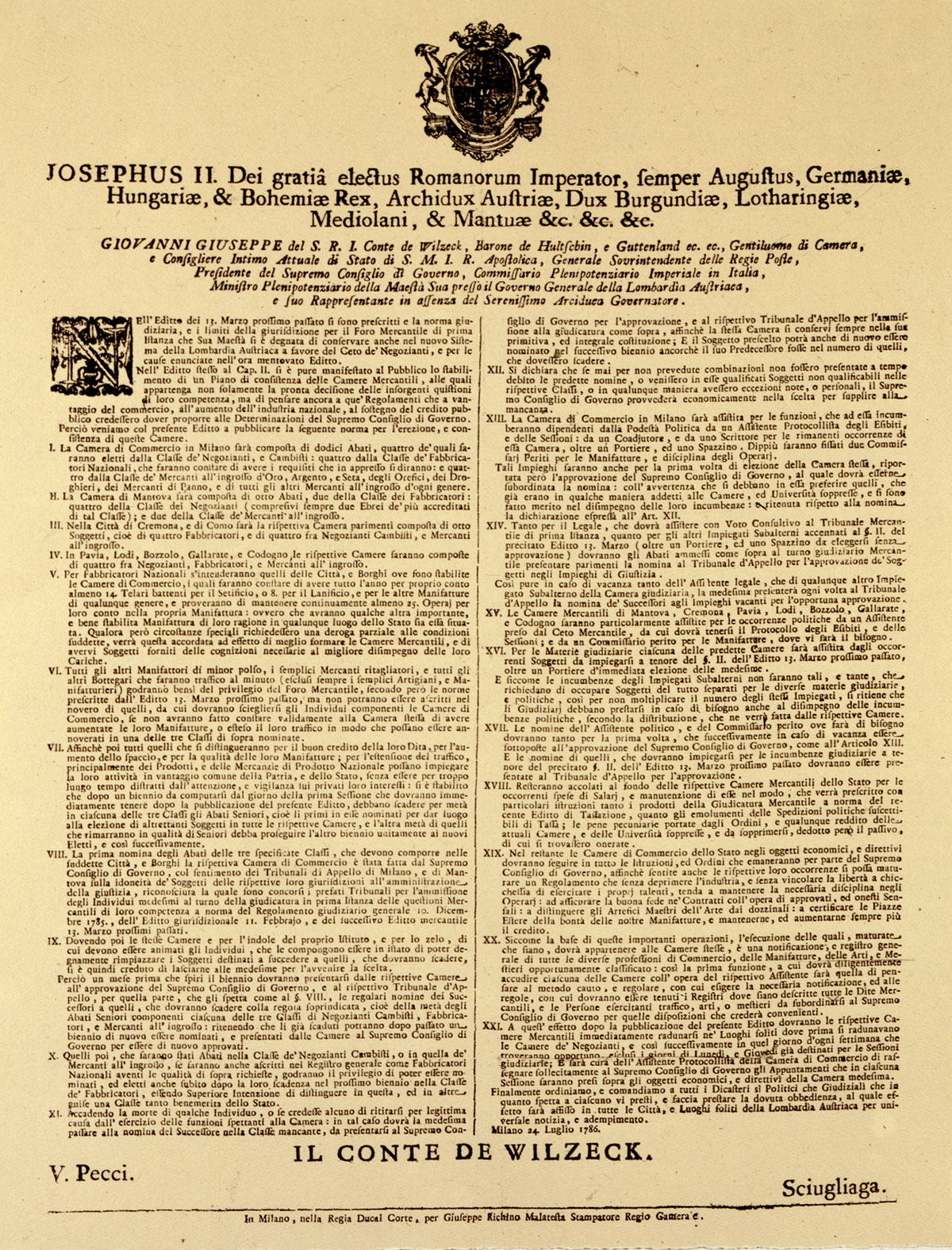 Editto 24 luglio 1786 che istituisce le Camere di commercio nella Lombardia austriaca. Archivio storico Camera di commercio di Milano