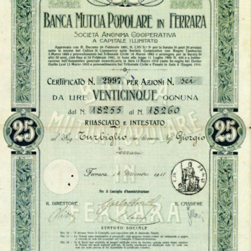 Titolo azionario della Banca mutua popolare di Ferrara, 1911