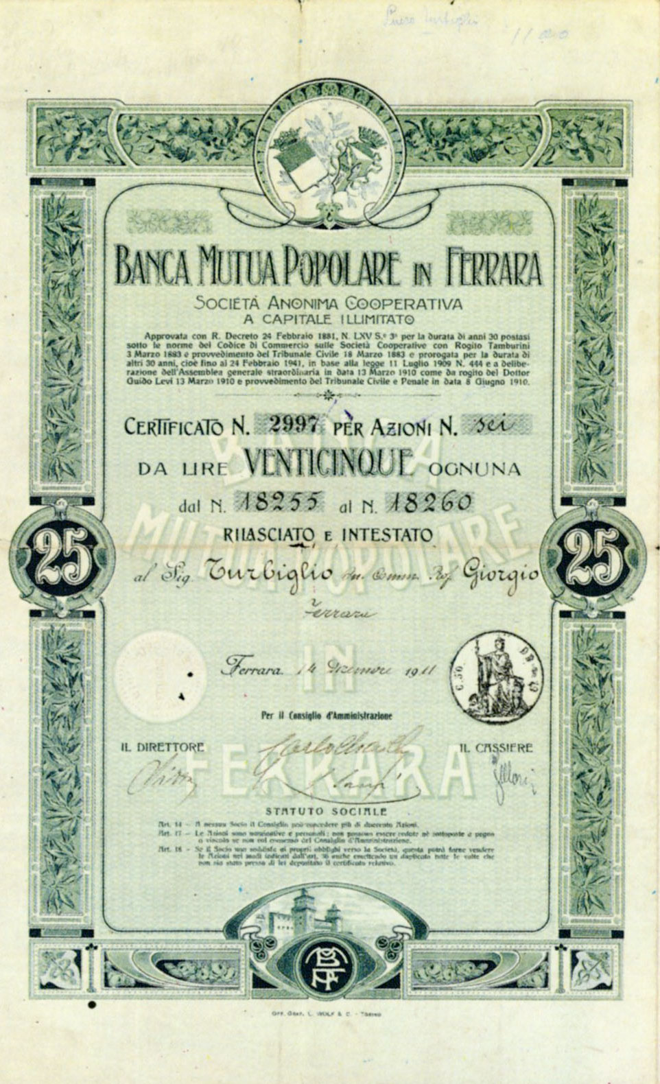 Titolo azionario della Banca mutua popolare di Ferrara, 1911