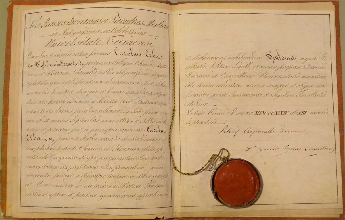 Diploma di laurea in Farmacia rilasciato a Carlo Erba dall'Università di Pavia nel 1834, Archivio storico Carlo Erba