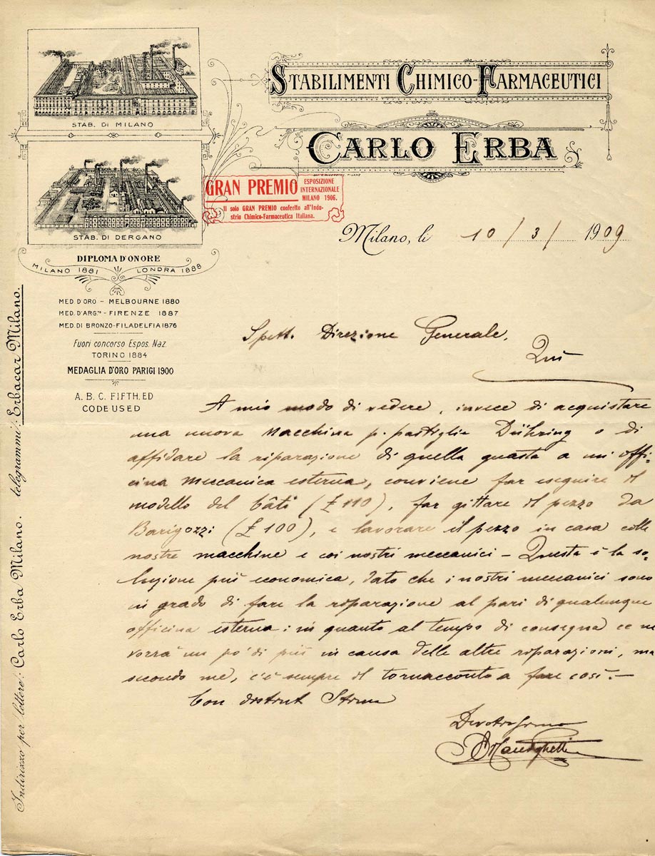 Lettera su carta intestata indirizzata alla direzione, 1909, Archivio storico Carlo Erba