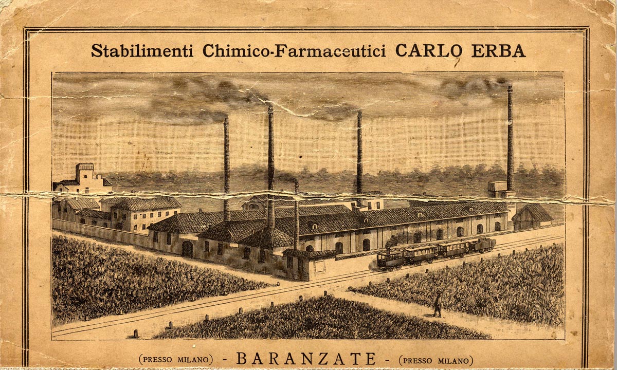 Illustrazione dello stabilimento di Baranzate (presso Milano) in un catalogo prezzi, 1896, Archivio storico Carlo Erba