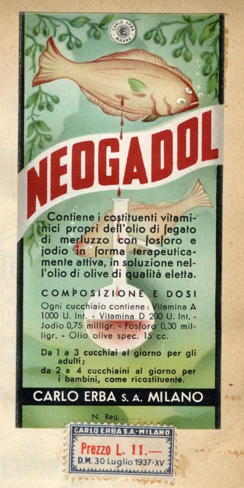 Ricettario prodotti galenici: Etichetta Neogadol, anni Trenta e Quaranta, Archivio storico Carlo Erba