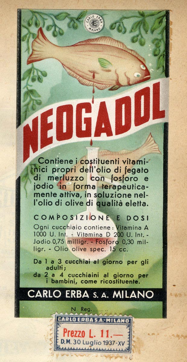 Ricettario prodotti galenici: Etichetta Neogadol, anni Trenta e Quaranta, Archivio storico Carlo Erba