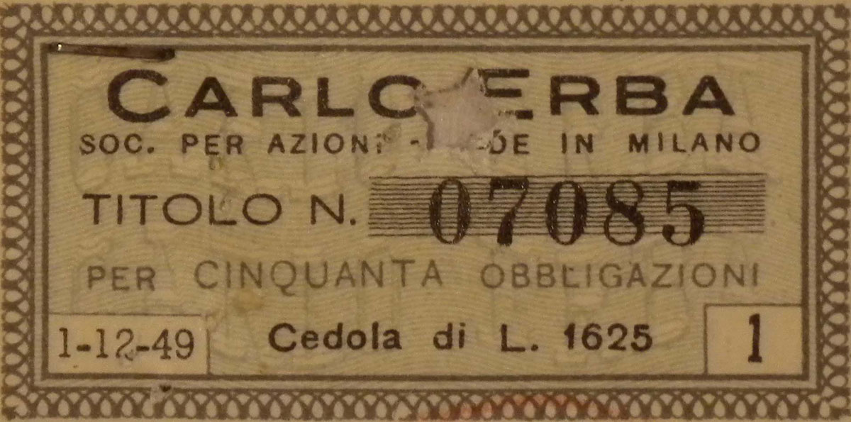 Cedola di un titolo obbligazionario del 1949, Archivio storico Carlo Erba