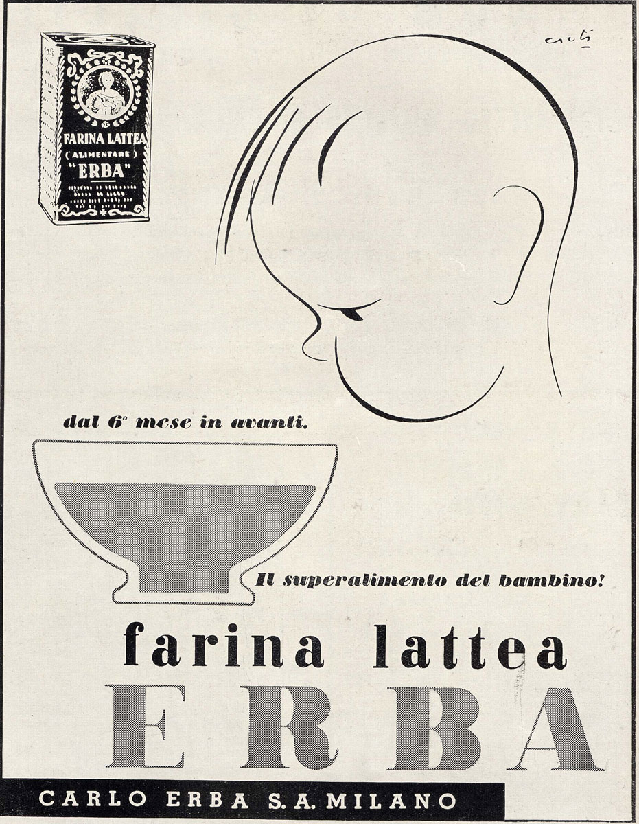 Enrico Ciuti, Farina lattea Erba, inserzione, 1940, Archivio storico Carlo Erba