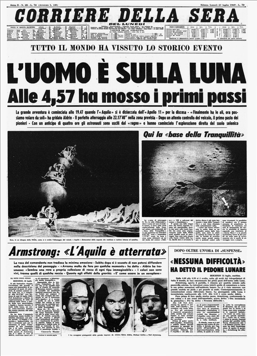 La prima pagina del Corriere del 21 luglio 1969 - Archivio storico Corriere della Sera, Fondazione Corriere della Sera