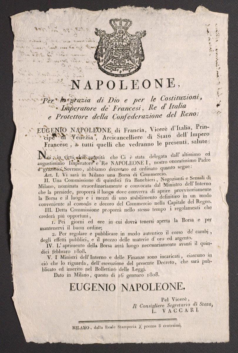 Decreto vicereale per l'istituzione della Borsa di commercio a Milano, 16 gennaio 1808 (Archivio di Stato di Milano)