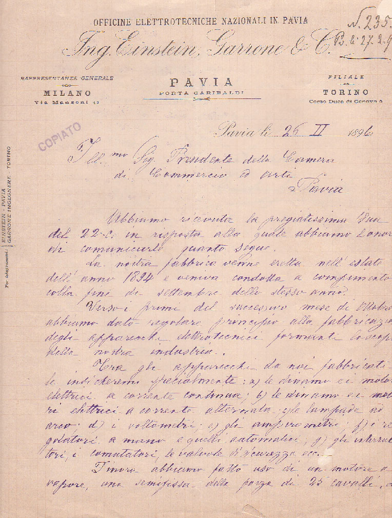 Lettera delle Officine Einstein Garrone & C. alla Camera di commercio di Pavia. 1896. Archivio storico Camera di commercio di Pavia
