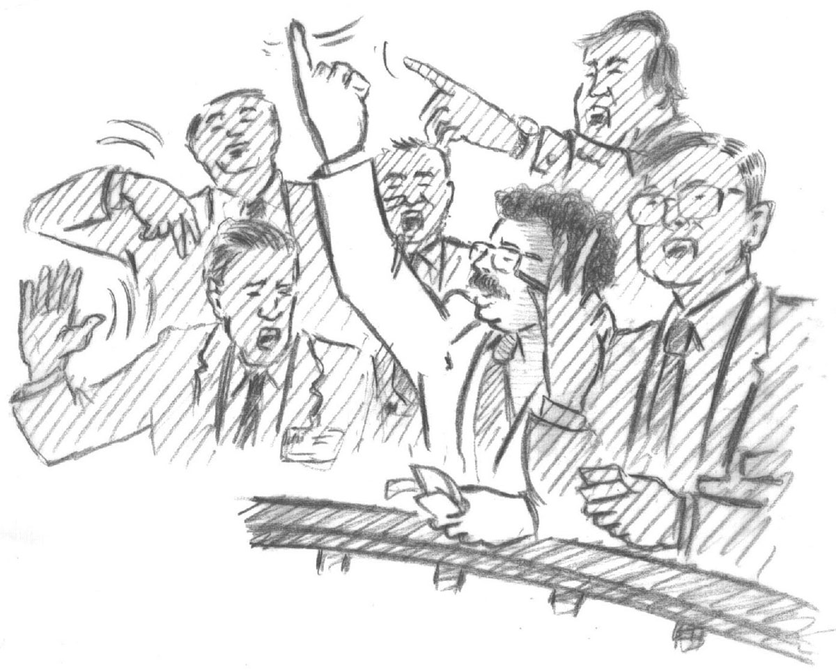 Gli agenti di cambio durante la contrattazione di borsa (disegno di Luigi Vitale)