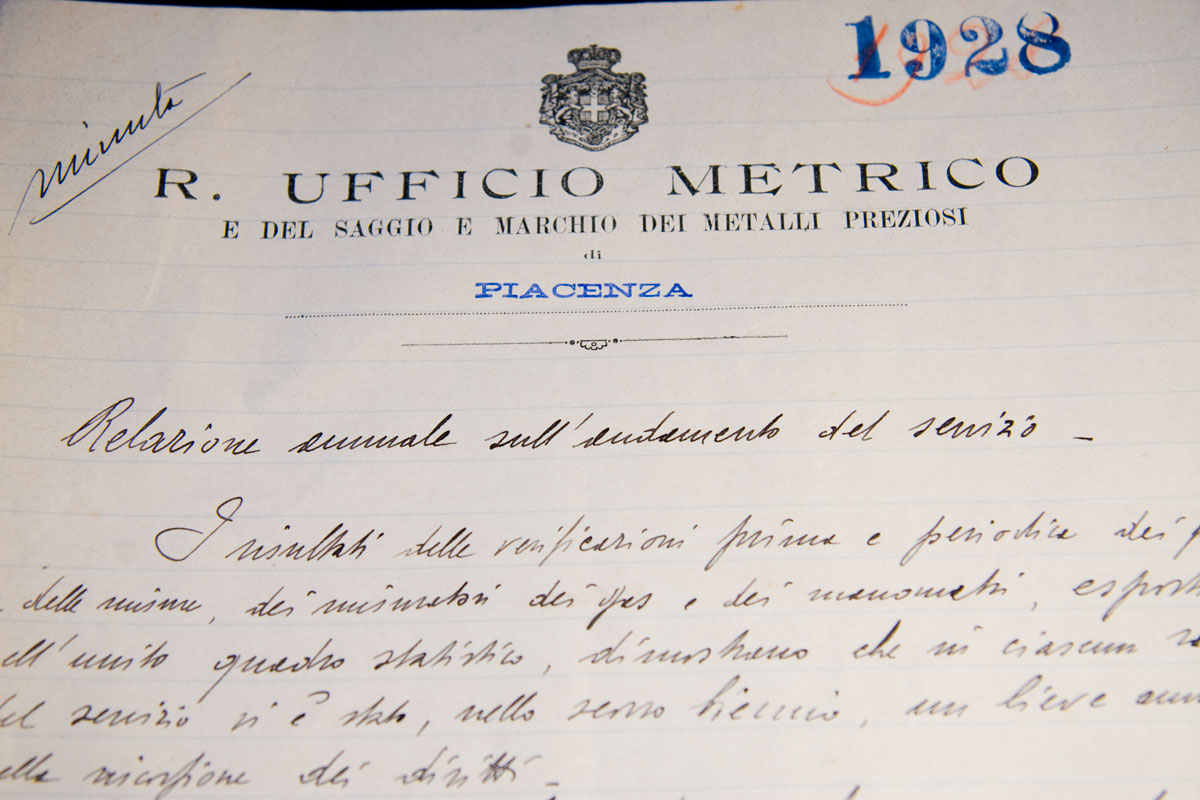 Particolare della Relazione annuale del Regio Ufficio Metrico di Piacenza, 1928. Archivio storico Camera di commercio di Piacenza